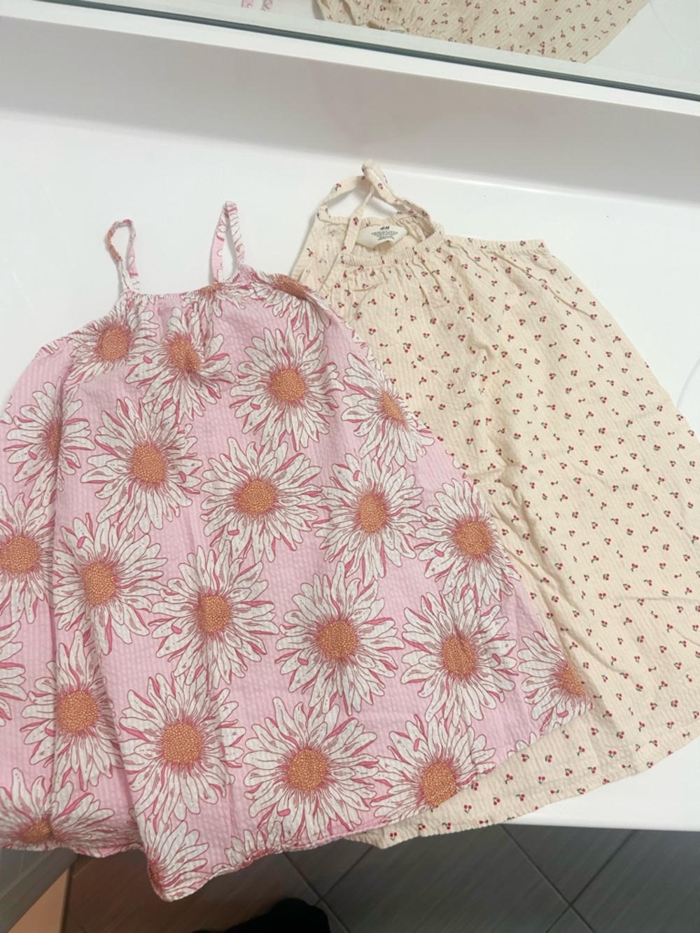 H&M Pink Floral Daisy Sundress & Cream Cherry Print Dress 3t and 4t